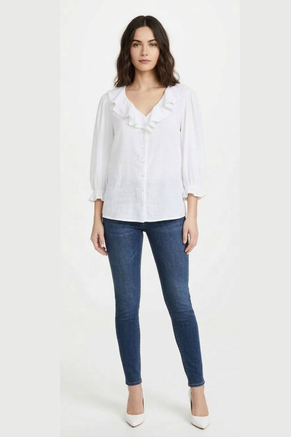Pom-pom Trim Ruffle Blouse