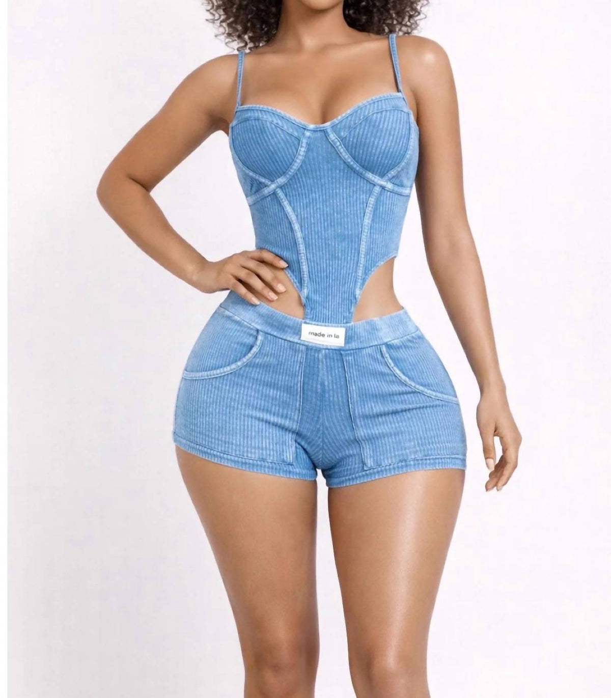 Ribbed Cotton Corset Style Bodysuit Short Set