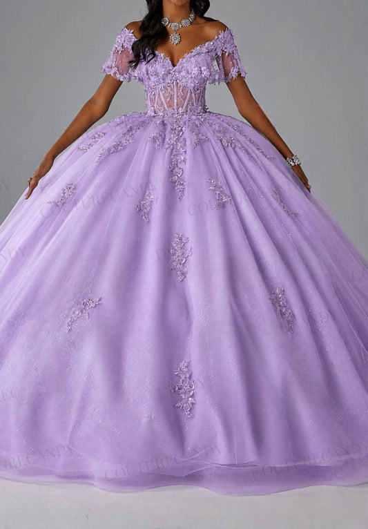 Short Sleeve Embroidered Ballgown