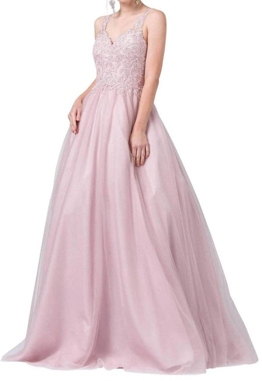 Appliqued V-neck Ballgown