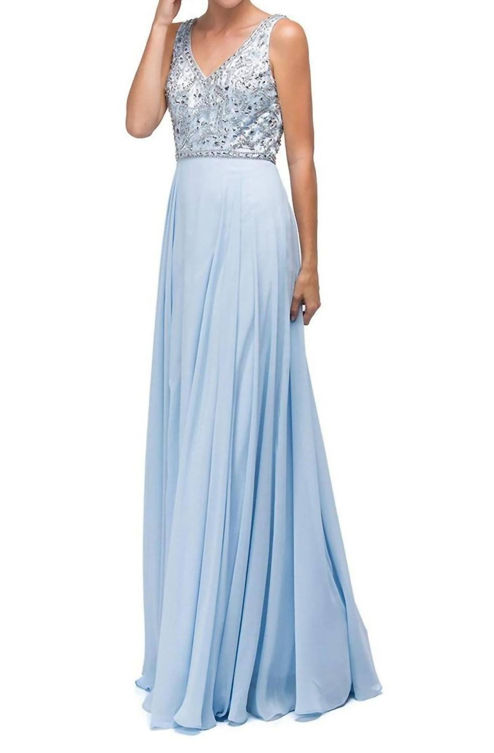 Beaded V-neck Chiffon A-line Maxi Dress