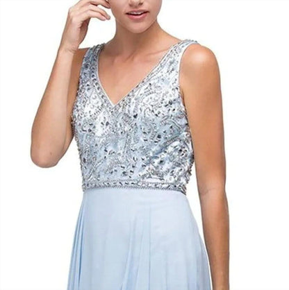 Beaded V-neck Chiffon A-line Maxi Dress