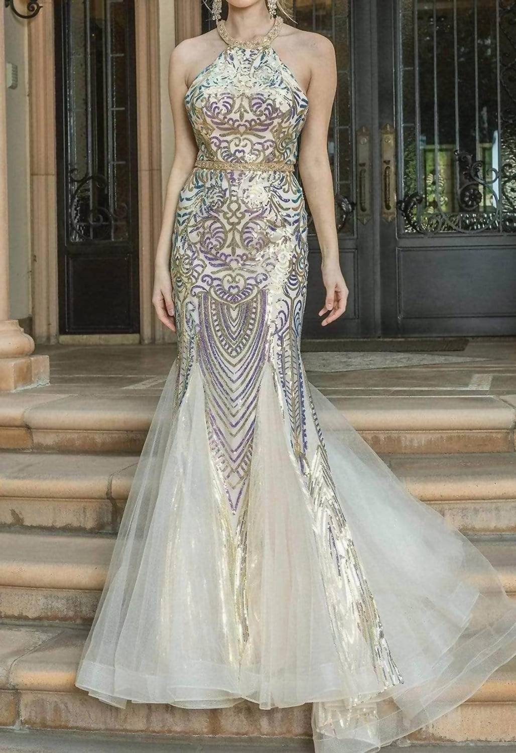 Embellished Fitted Sleeveless Evening Maxi Dress