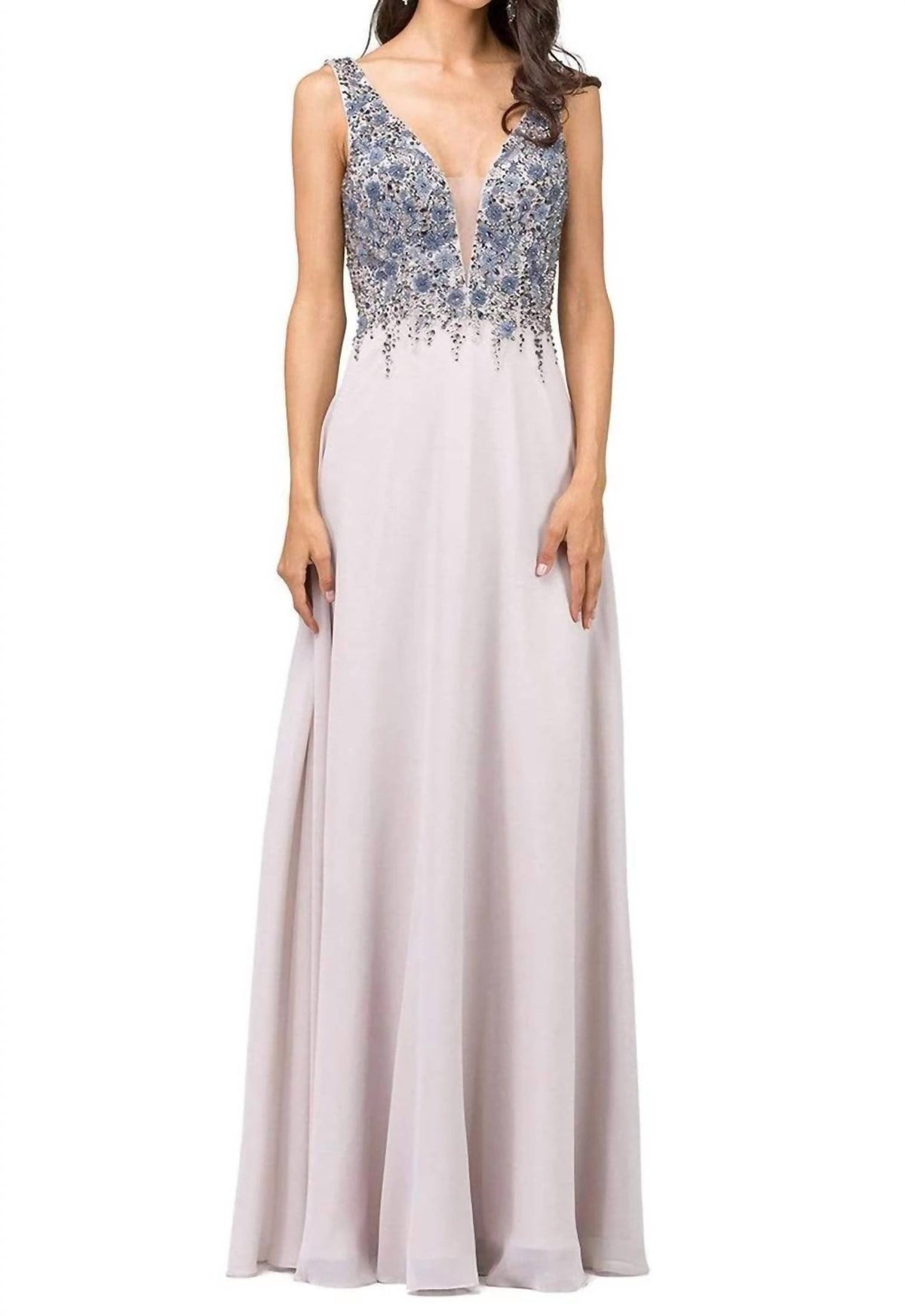 Floral Beaded Bodice A-line Maxi Dress
