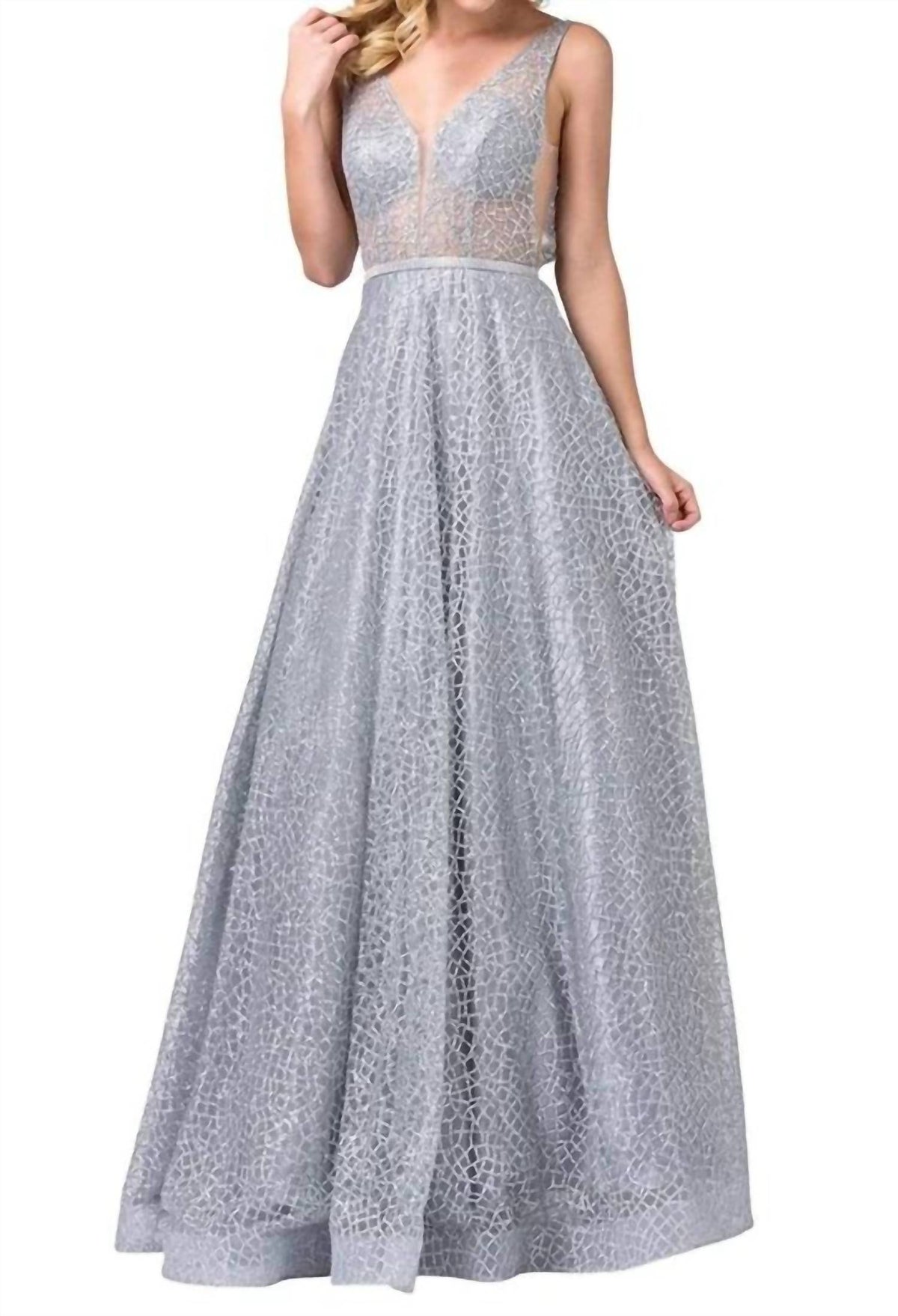 Illusion Plunging V-neck Glitter Mesh Prom Maxi Dress
