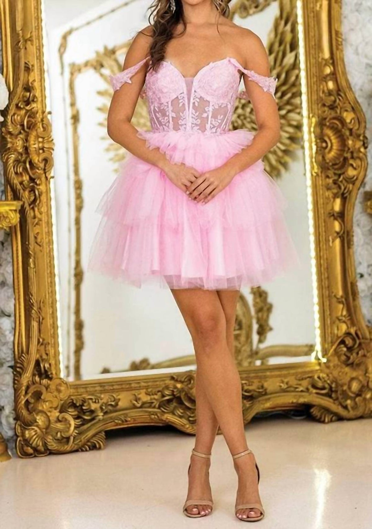 Lace Applique Tiered Ruffle Skirt Tulle Party Dress