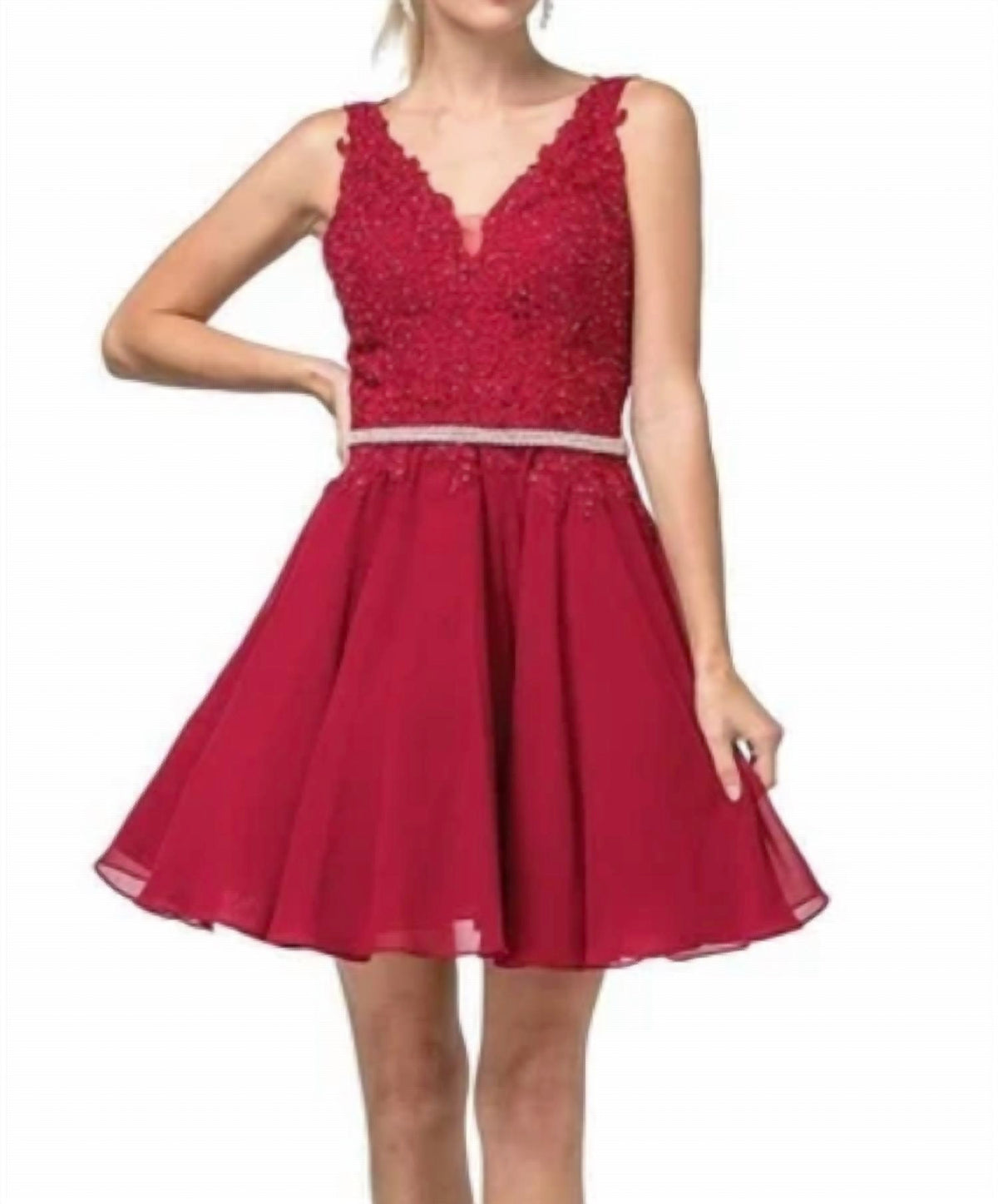 Plunging V-neck Lace Bodice Homecoming Mini Dress