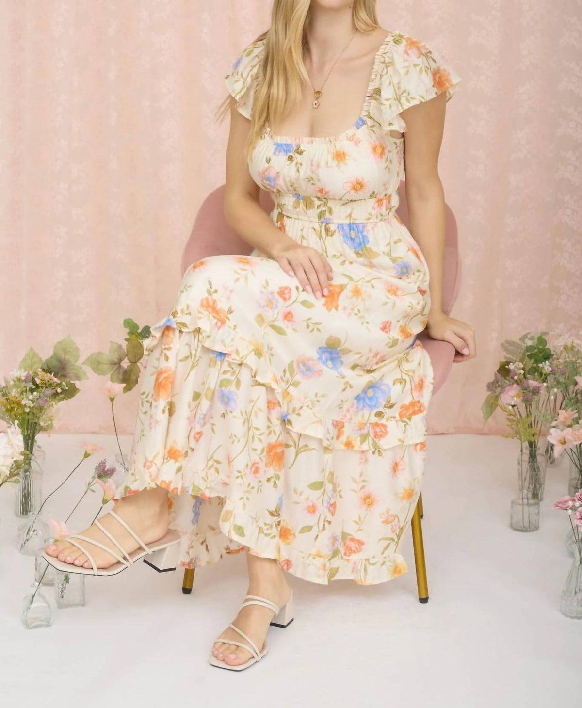 Floral Scoop Neck Ruffle Short Sleeve Midi Dress