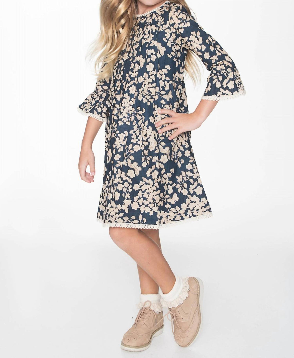 Girl's Cherry Blossom Inspired Box Pleat Lace Detail Dress