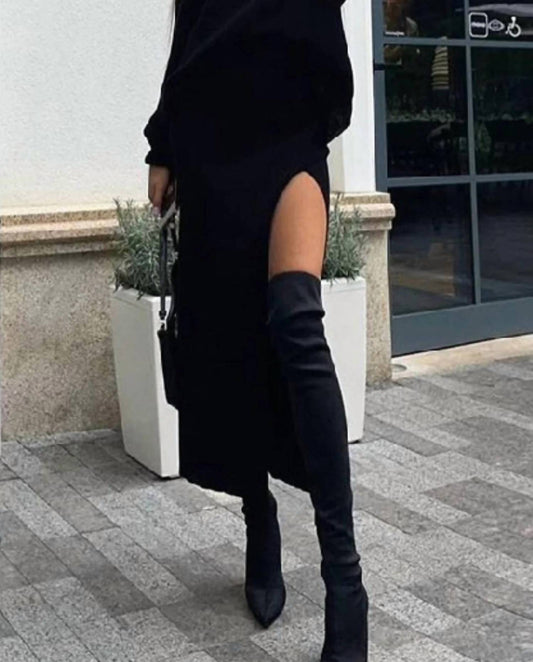 Charlie Turtleneck Knitted Pullover Slit Skirt Set