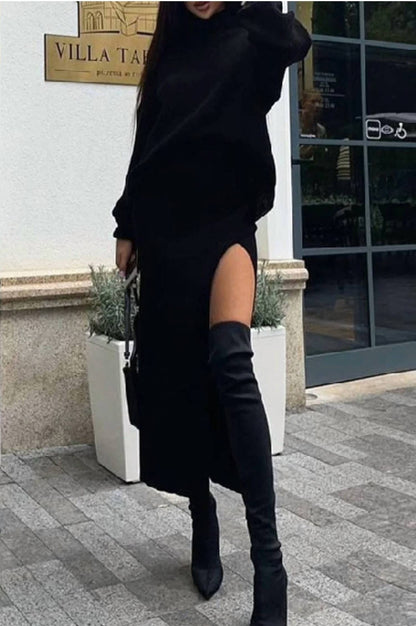 Charlie Turtleneck Knitted Pullover Slit Skirt Set