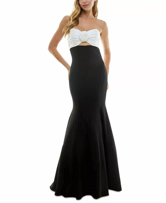 Rosette-trim Cutout Colorblocked Gown