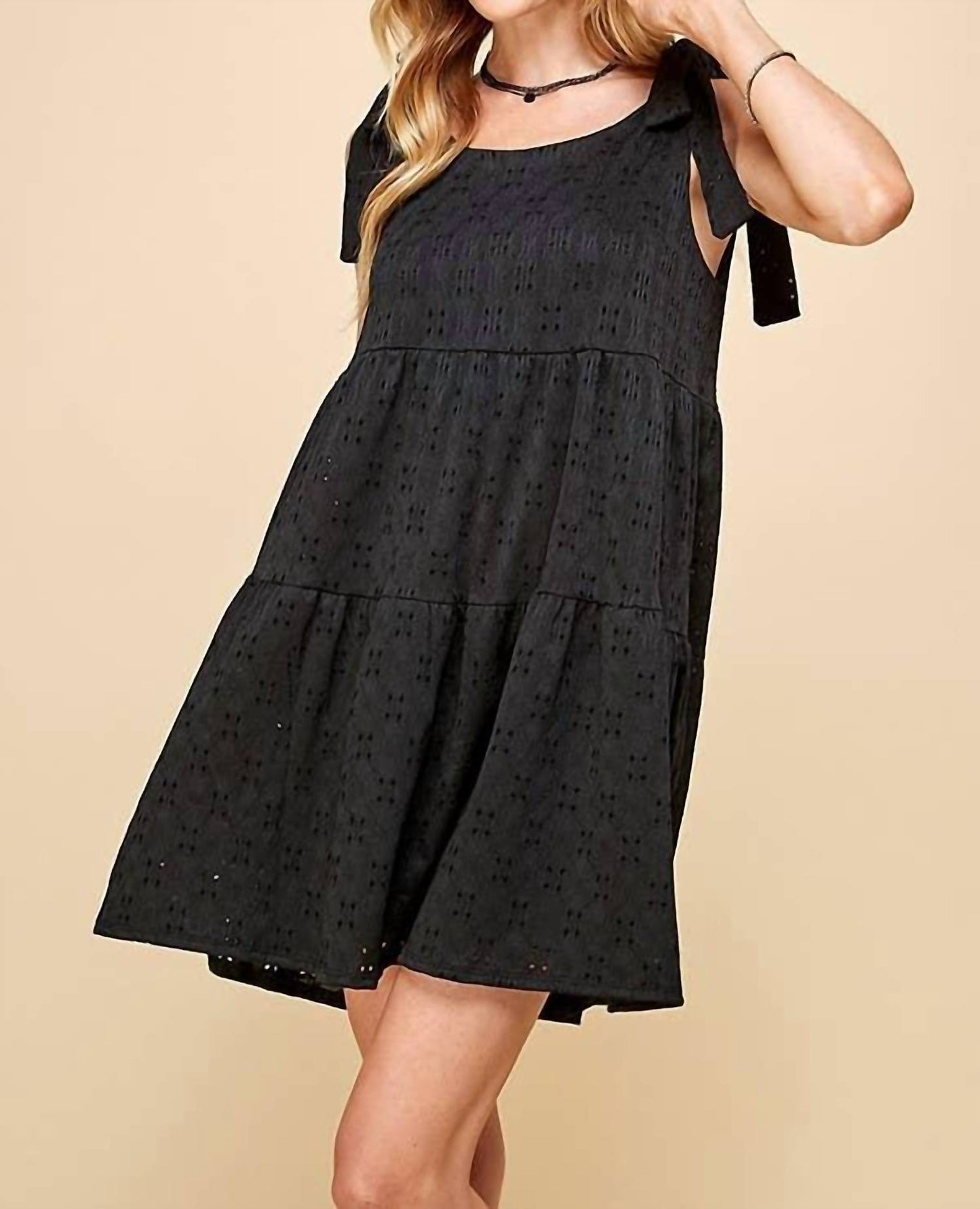 Ribbon Tie Eyelet Tiered Mini Dress