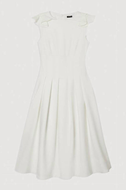 Structured Crepe Ruffle Shoulder Tailored Full Midi Dress