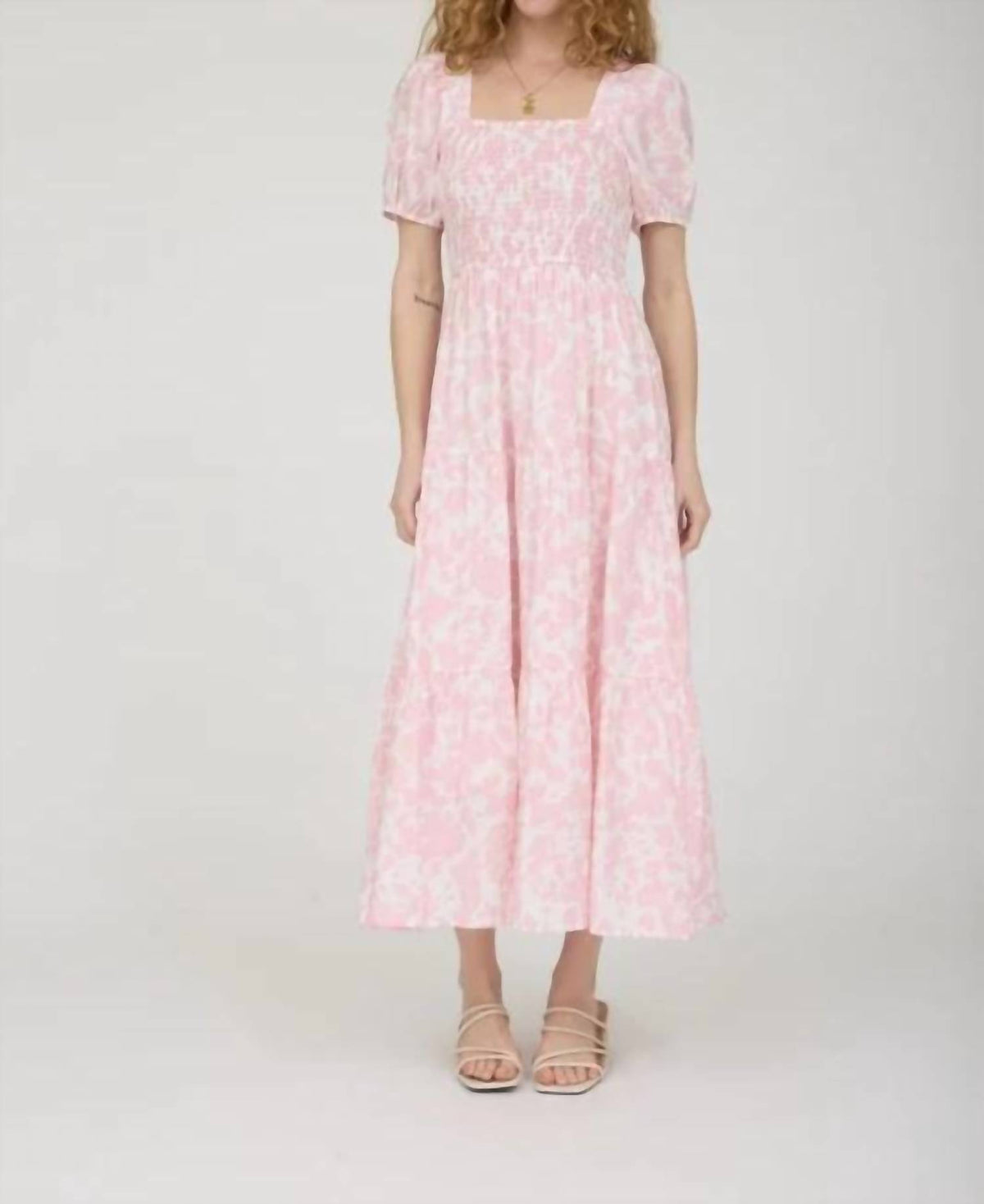 Floral Puff Sleeve Smocked Tiered Midi Dress