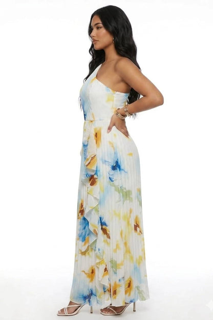 Chicways One-Shoulder Pleated Floral Maxi Dress