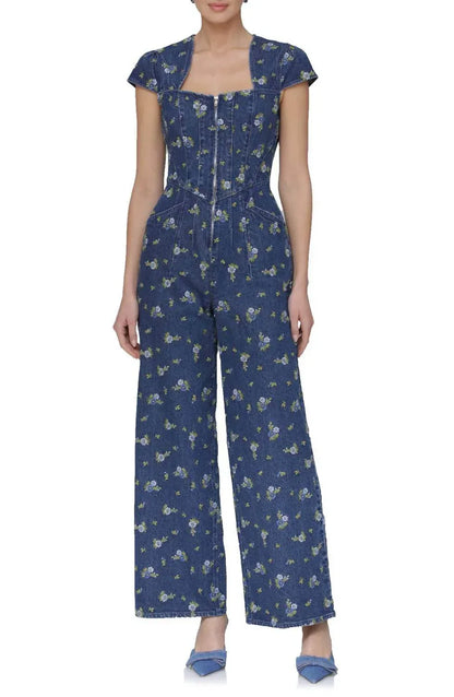 Avec Les Filles - Floral Cap Sleeve Corset Wide Leg Denim Jumpsuit - Rack Hunt