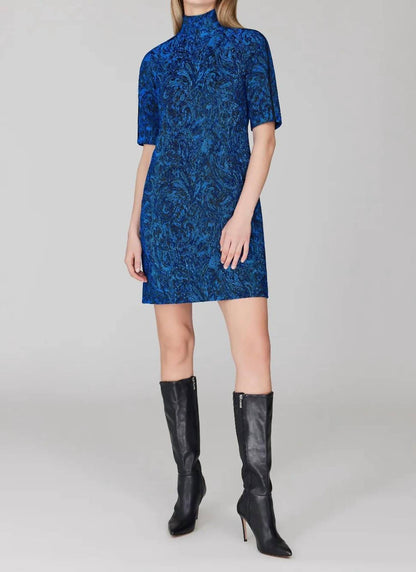 Paisley Stretch Jacquard Turtleneck Shift Dress