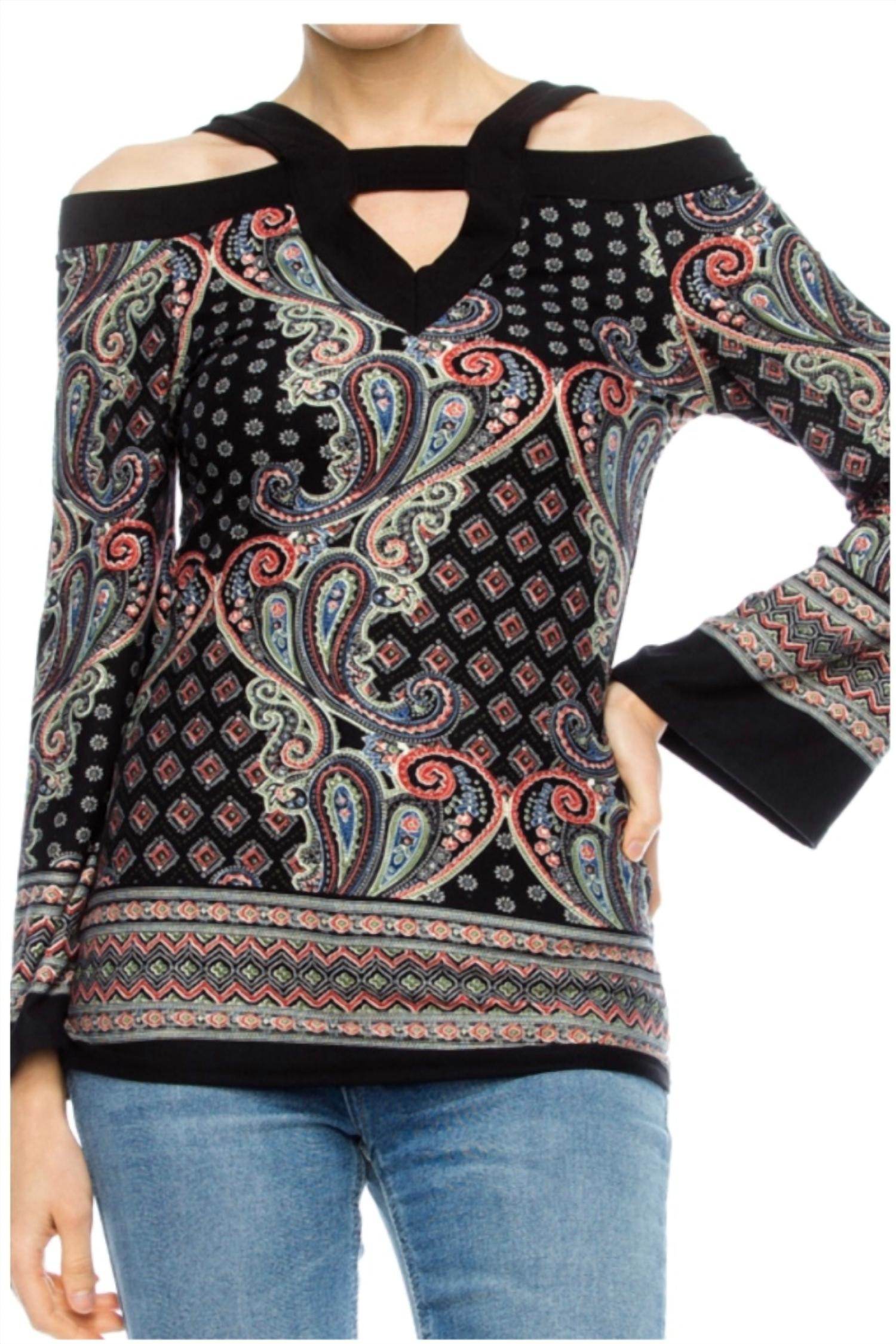 Yoyo 5 - Women's Paisley Cold Shoulder Long Sleeve Top - Rack Hunt