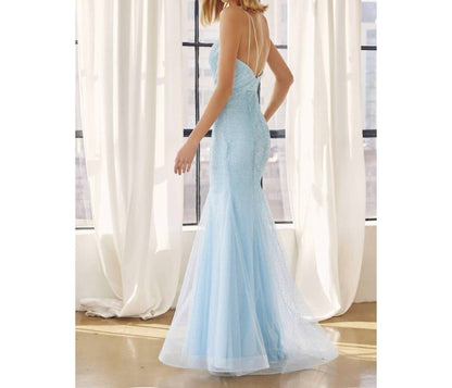 Glitter Mesh Fitted Evening Prom Gown