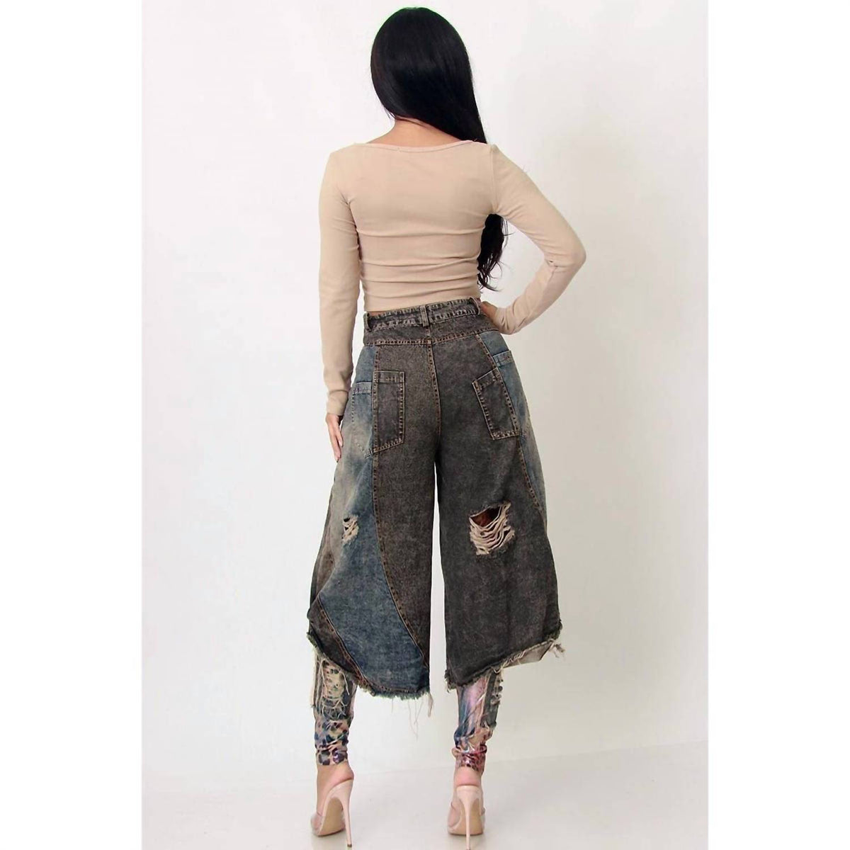 Distressed Denim Baggy Jean With Mesh Leggings