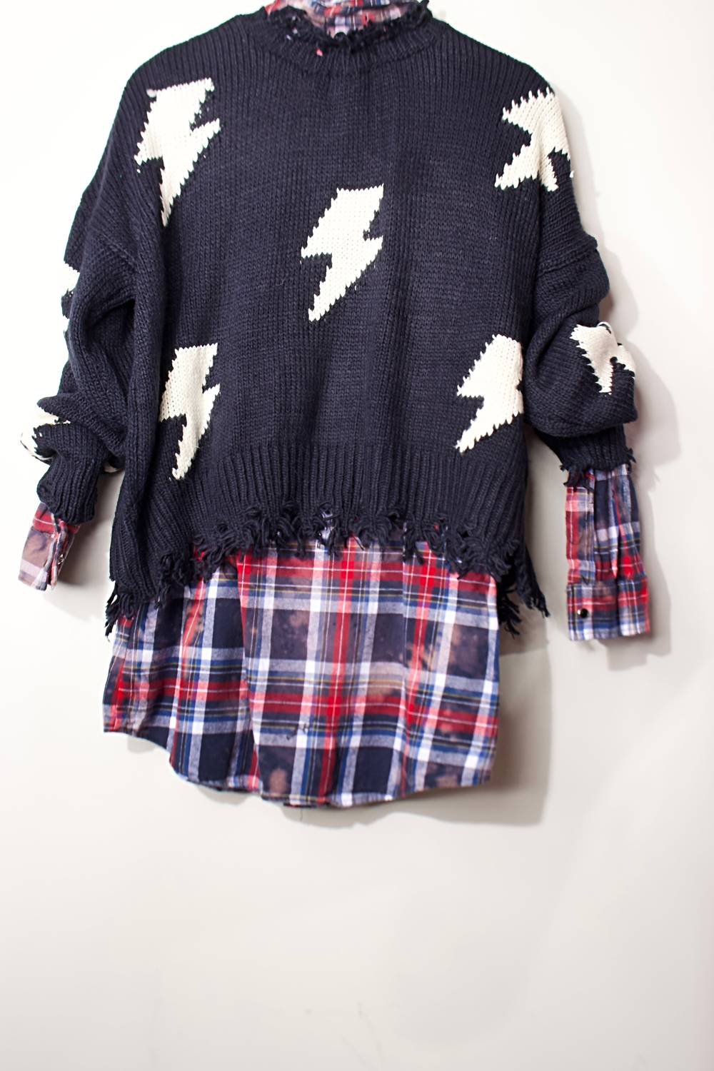 Women's Plaid Shirt With Zig Zag Fringe Sweater - 2 Piece Set