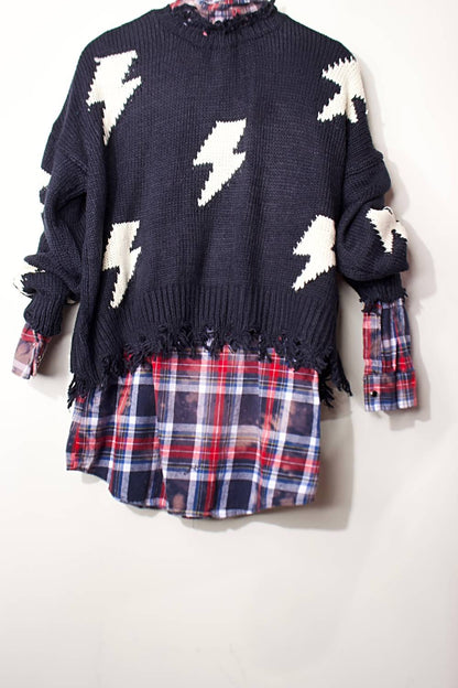 Women's Plaid Shirt With Zig Zag Fringe Sweater - 2 Piece Set