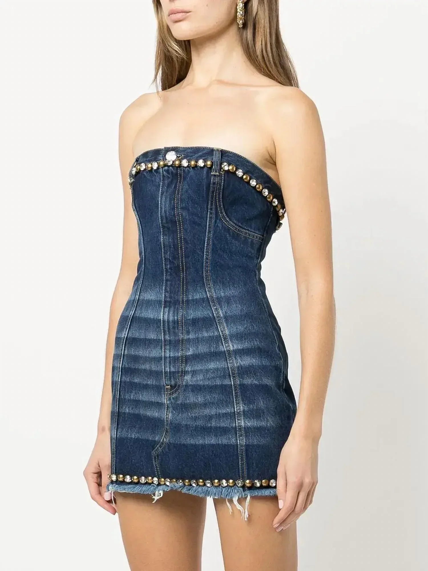 AREA - Strapless Crystal Embellished Denim Mini Dress - Rack Hunt