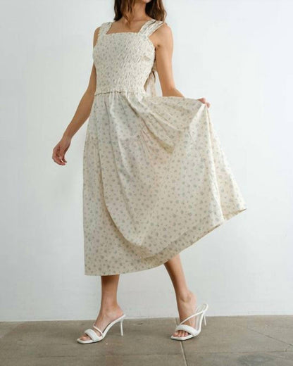 Margot Retro Bow Tie Back Smocked Midi Dress