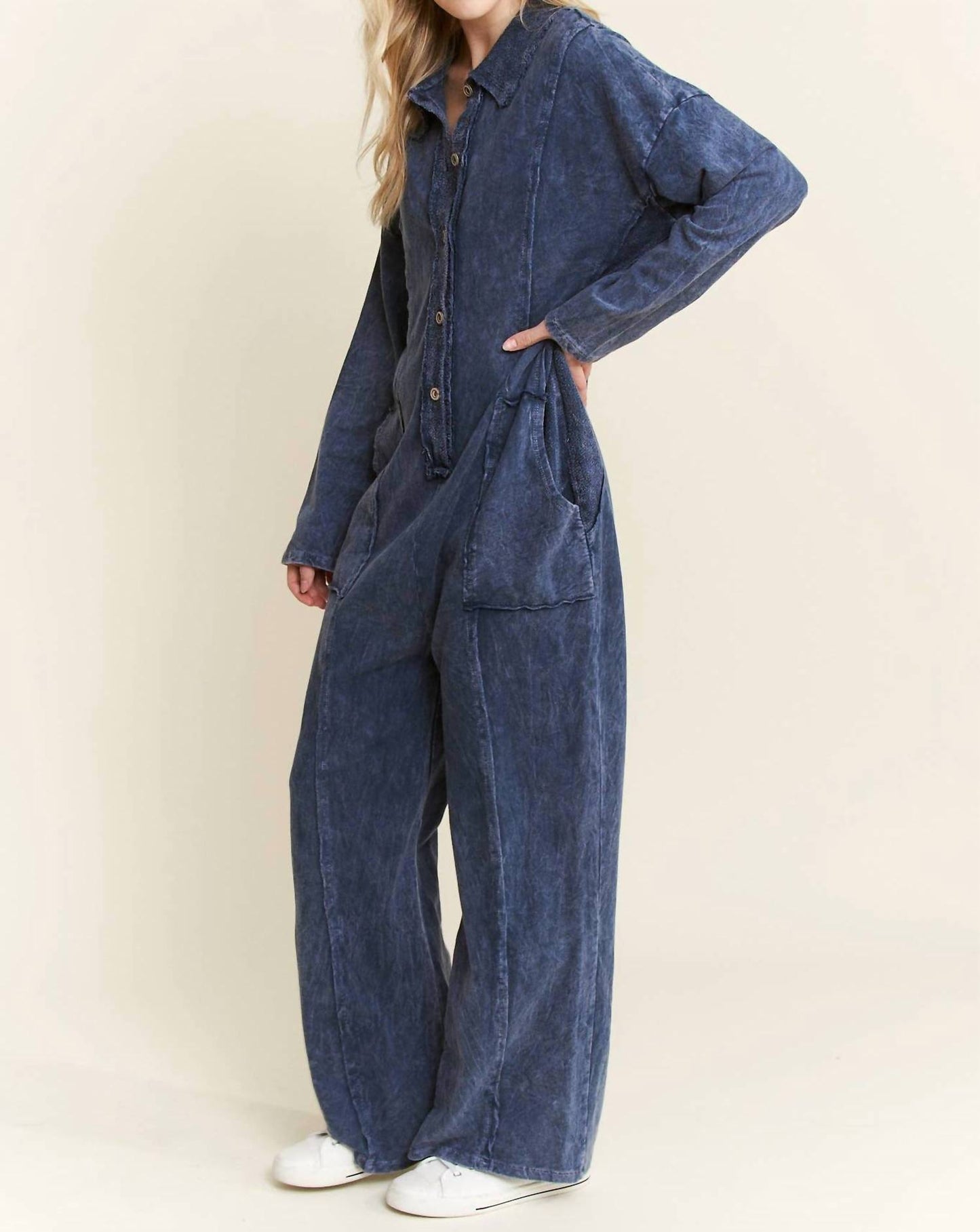 Mineral Wash Button Down Collar Onesie Jumpsuit