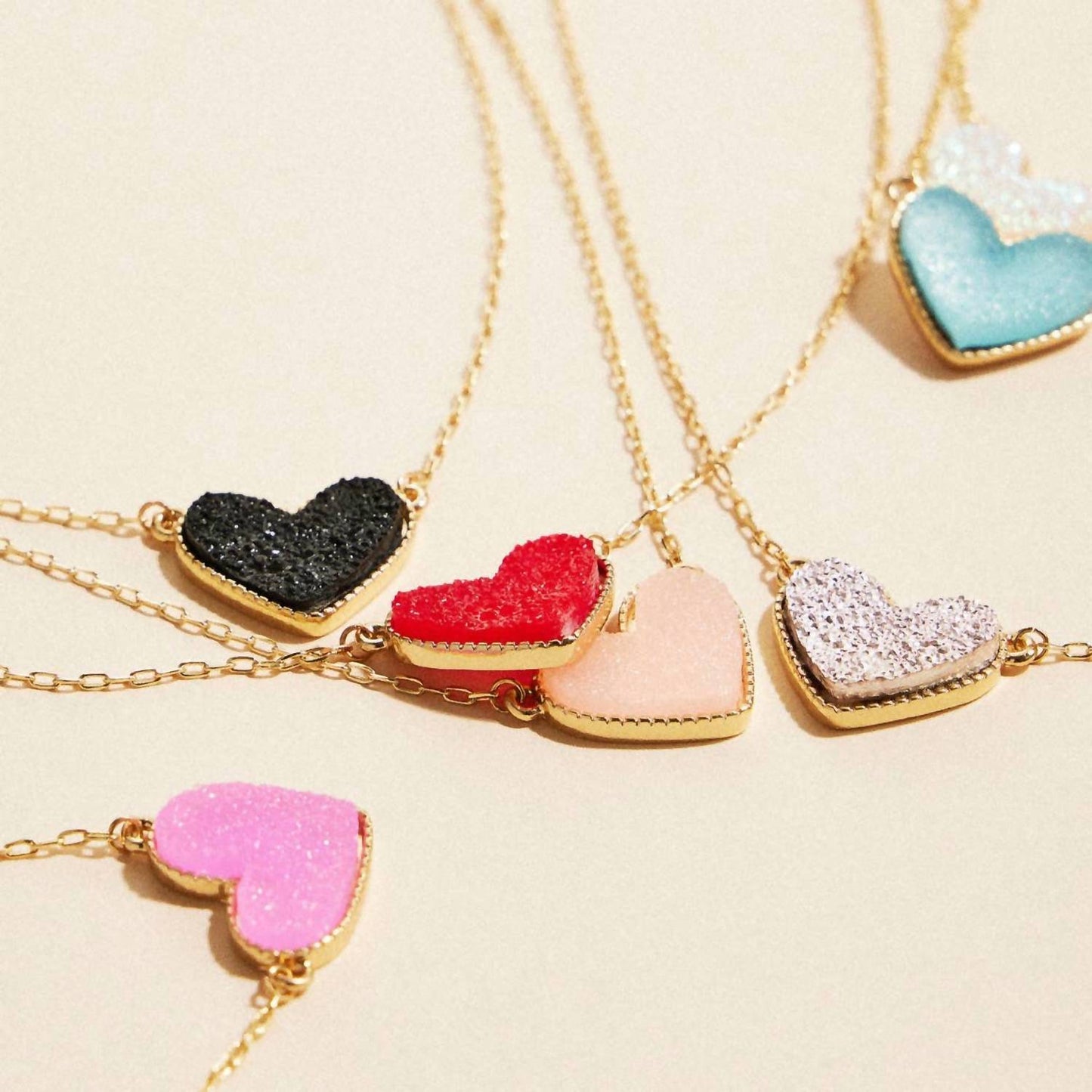 Women's Heart Druzy Stone Charm Short Necklace