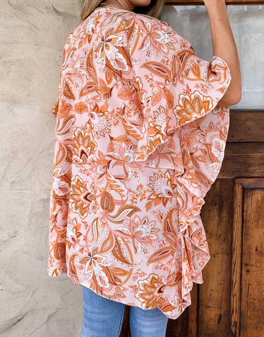 Floral Ruffle Sleeve Kimono