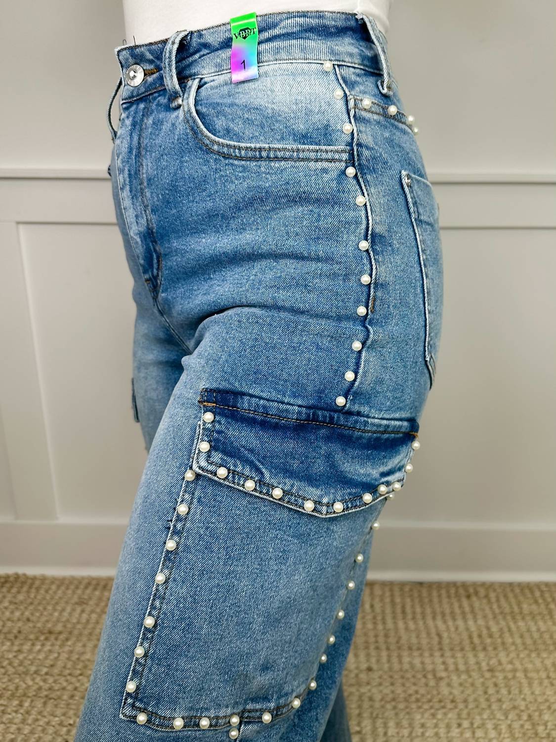 Lauren High-rise Wide Leg Pearl Cargo Jeans
