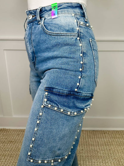 Lauren High-rise Wide Leg Pearl Cargo Jeans