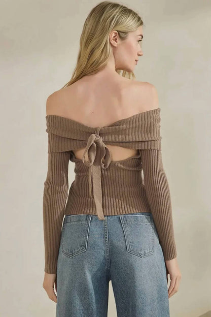 Off Shoulder Back Bow Sweater