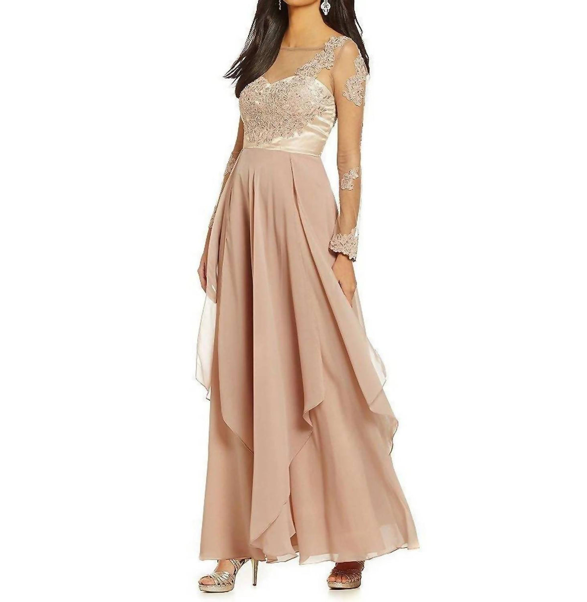 Illusion Long Sleeve Layered Chiffon Dress