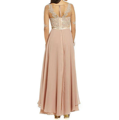 Illusion Long Sleeve Layered Chiffon Dress