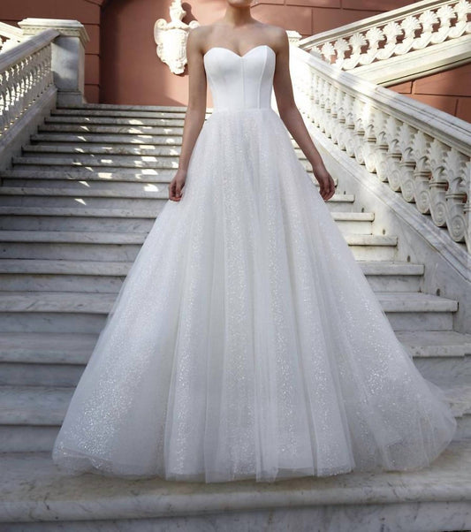 Strapless Glitter Tulle Wedding Maxi Dress
