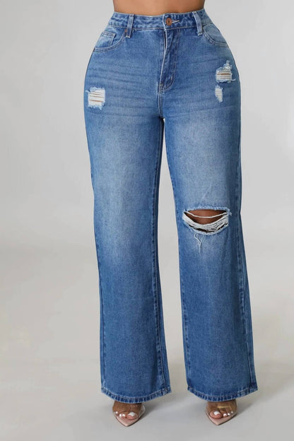 Offset Wide Leg Distressed Jeans