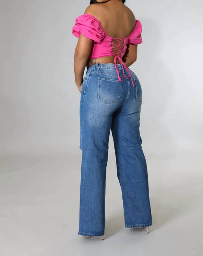 Offset Wide Leg Distressed Jeans