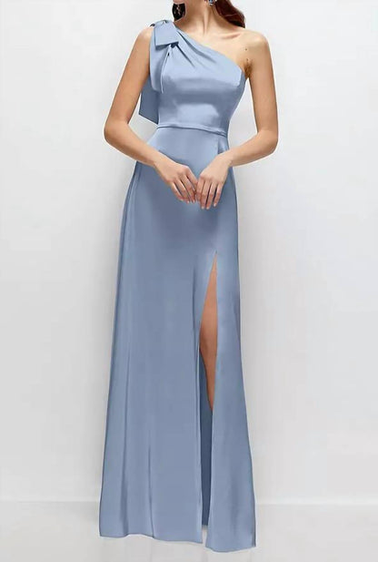 Bow One-Shoulder Fluid Satin Maxi Dress