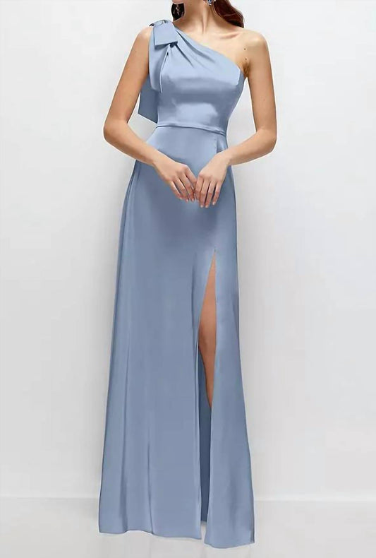 Bow One-Shoulder Fluid Satin Maxi Dress