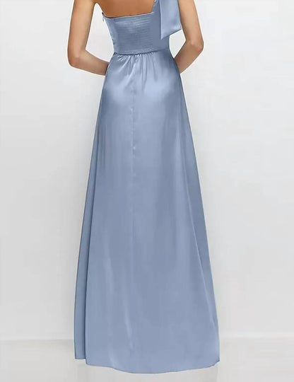 Bow One-Shoulder Fluid Satin Maxi Dress