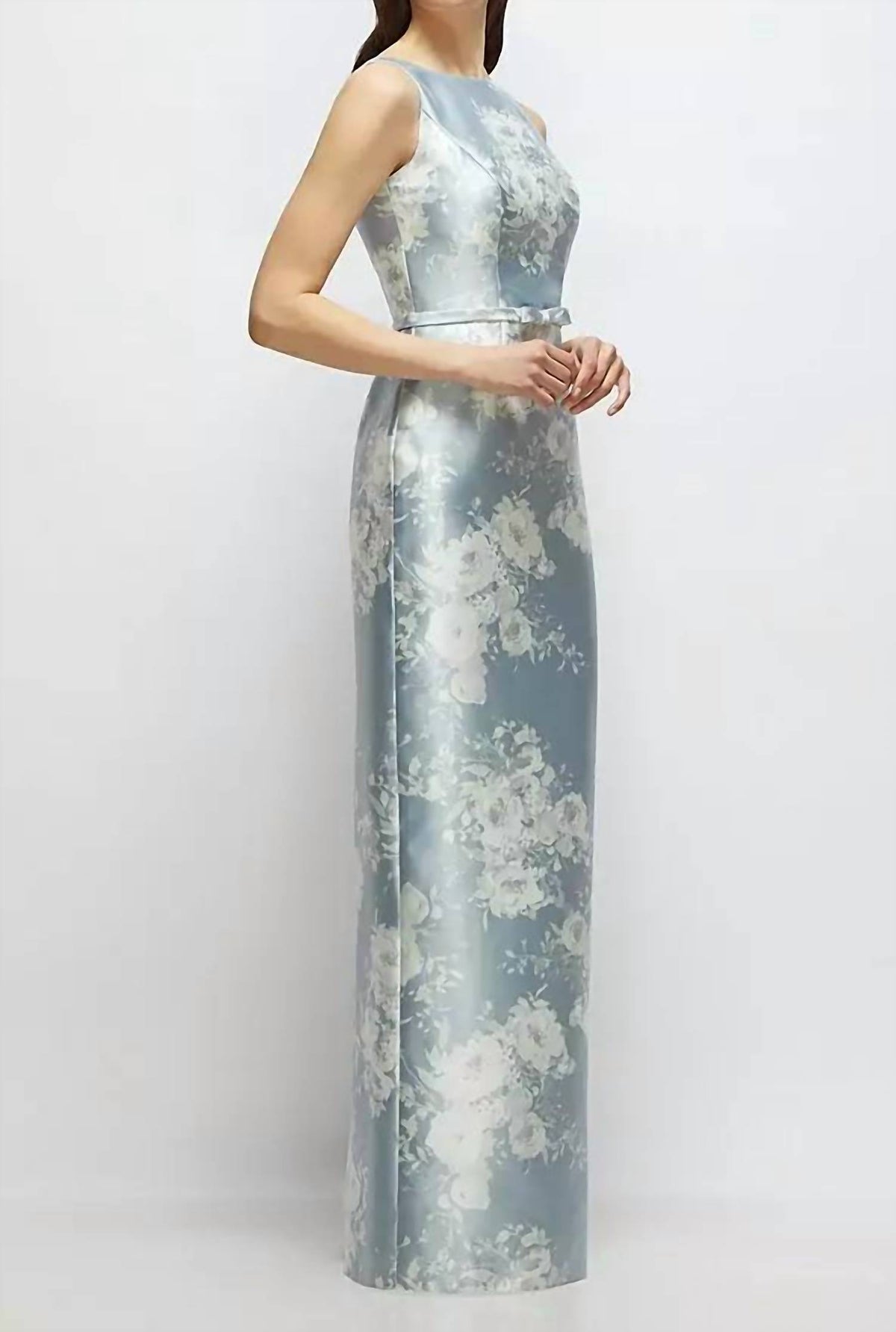 Floral Bateau Neck Satin Column Dress