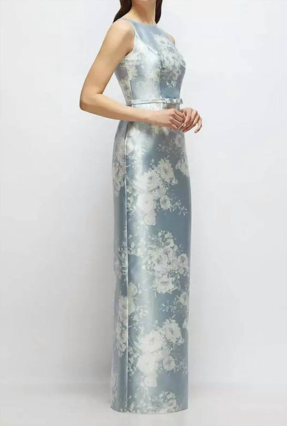 Floral Bateau Neck Satin Column Dress