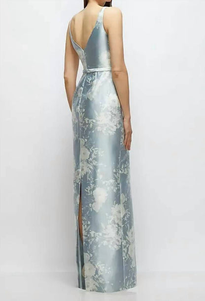 Floral Bateau Neck Satin Column Dress