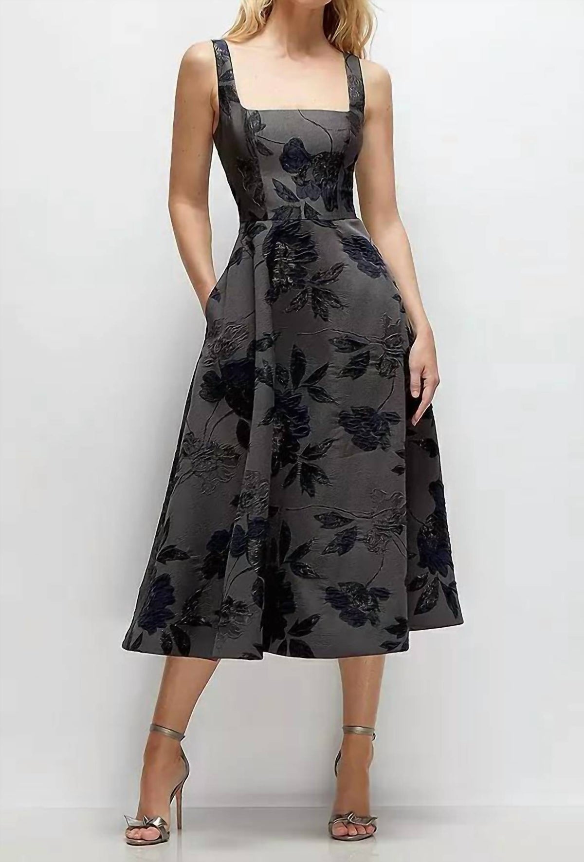 Square Neck Floral Metallic Jacquard Midi Dress
