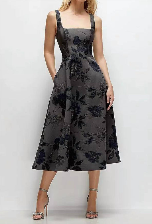 Square Neck Floral Metallic Jacquard Midi Dress