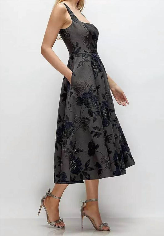 Square Neck Floral Metallic Jacquard Midi Dress