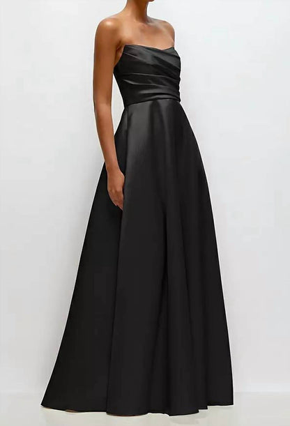 Strapless Draped Cat-Eye Satin Maxi Dress